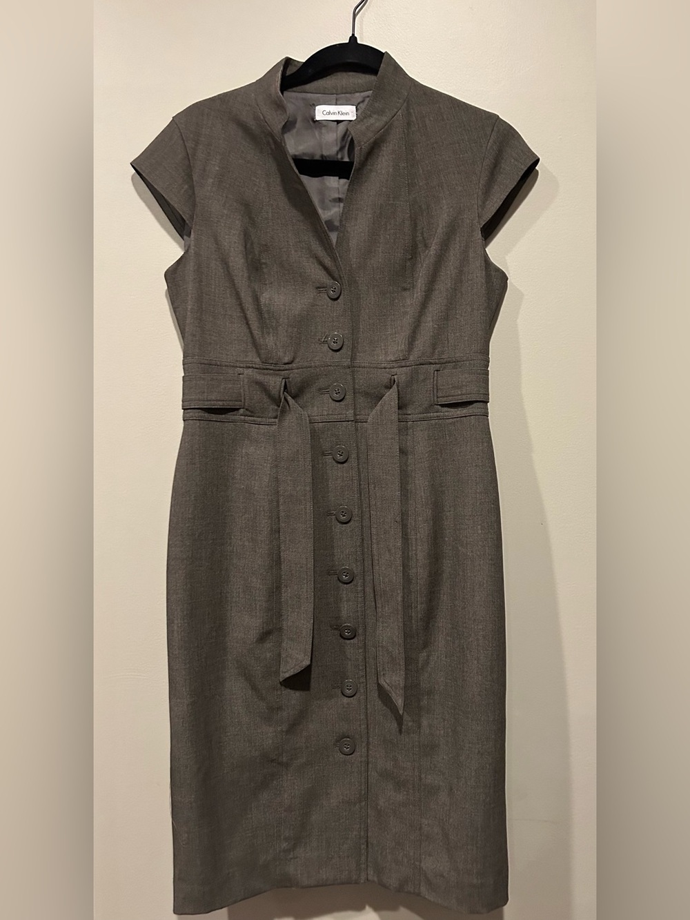 Calvin Klein Grey Button-Front Midi Dress with Waist Tie